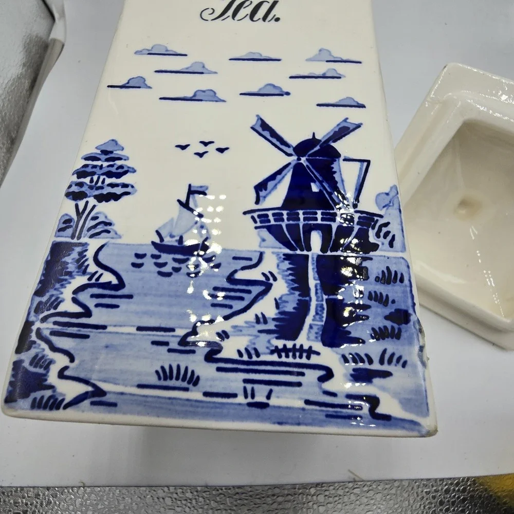 Vtg‎ TEA Blue White Delft Dutch Windmill Tea Canister 1940s Germany GUC With Lid